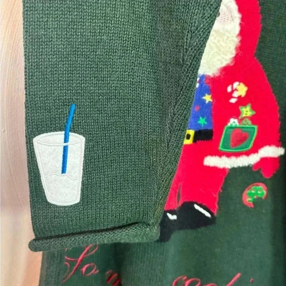 Quacker Factory Knit Christmas Holiday Sweater Santa Milk Cookies Green Medium - Picture 3 of 6